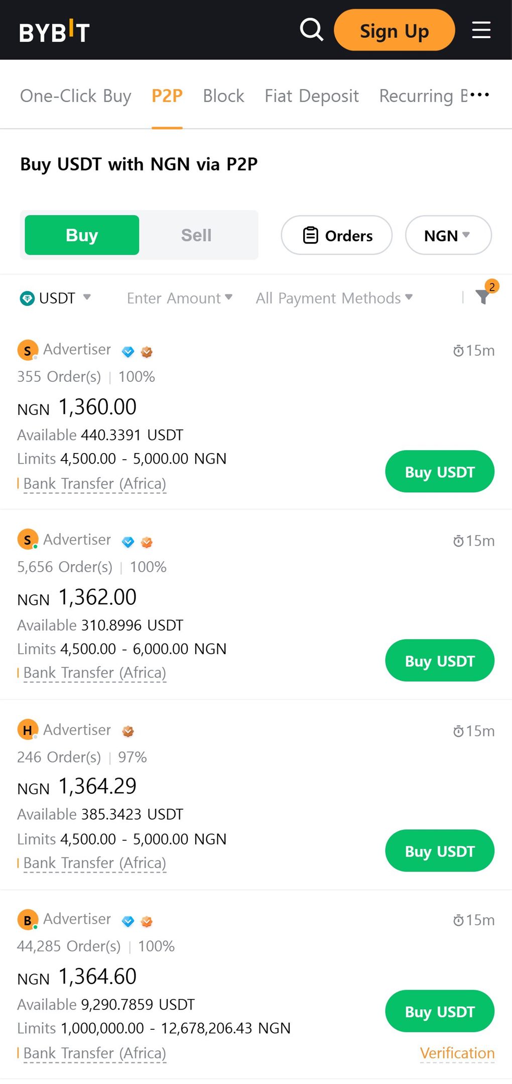 Bybit P2P list of NGN ads for buying USDT