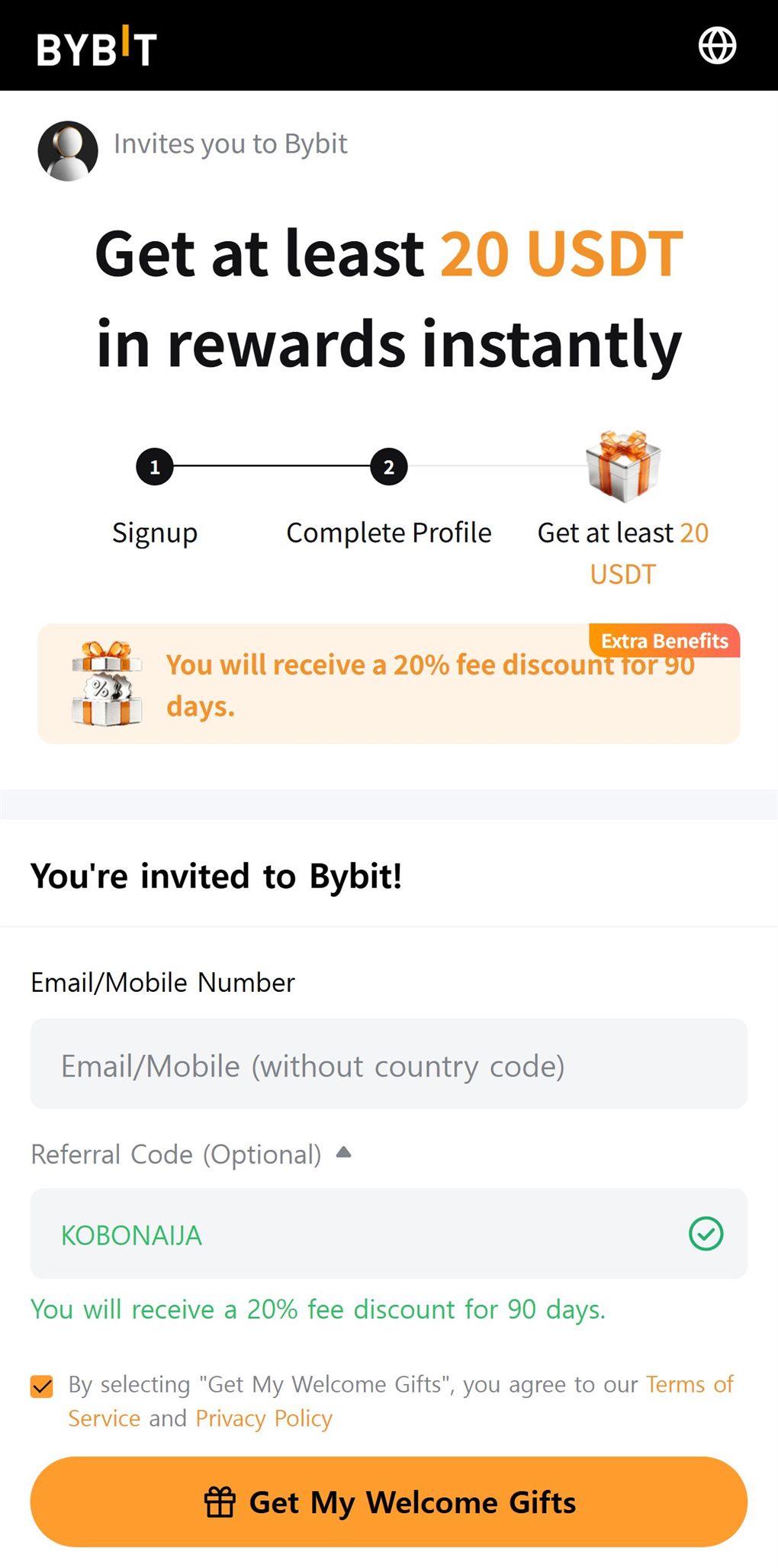 Bybit sign-up page opened from the Kobonaija link